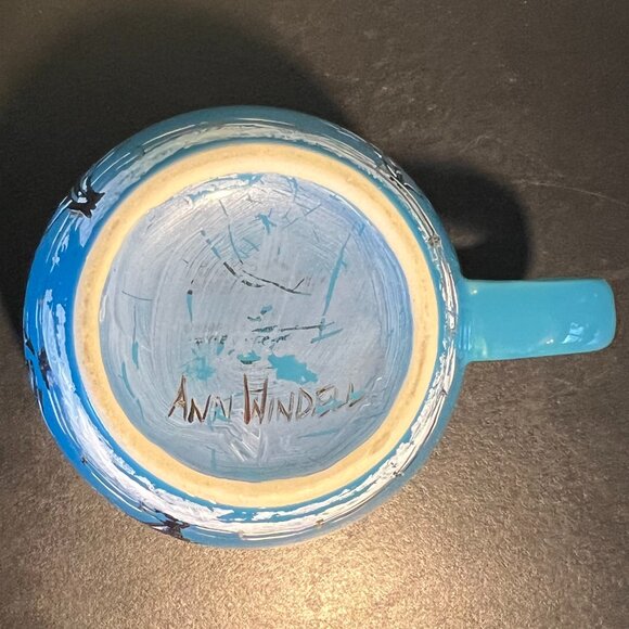 Hand Painted Turquoise Ceramic Cup w/ Snowy Winter Nature Scene by Ann Windell - Picture 10 of 11